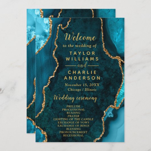 Teal Blue and Gold Agate Wedding Program Programm (Vorne/Hinten)