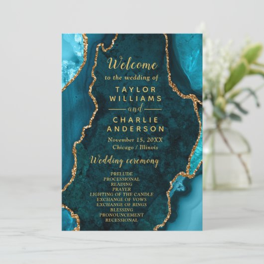 Teal Blue and Gold Agate Wedding Program Programm (Stehend Vorderseite)