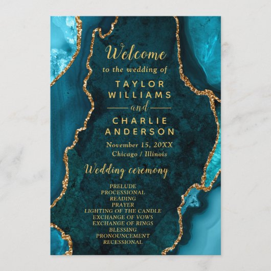 Teal Blue and Gold Agate Wedding Program Programm (Vorderseite)