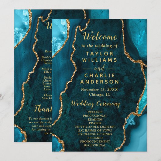 Teal Blue and Gold Agate Wedding Program Programm (Vorne/Hinten)