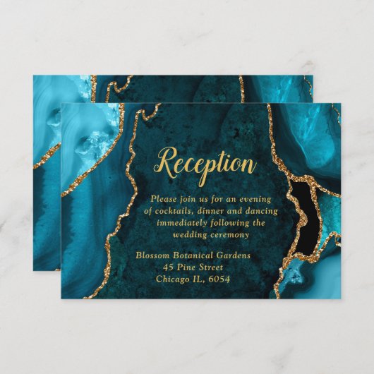 Teal Blue and Gold Agate Wedding Reception Begleitkarte (Vorne/Hinten)