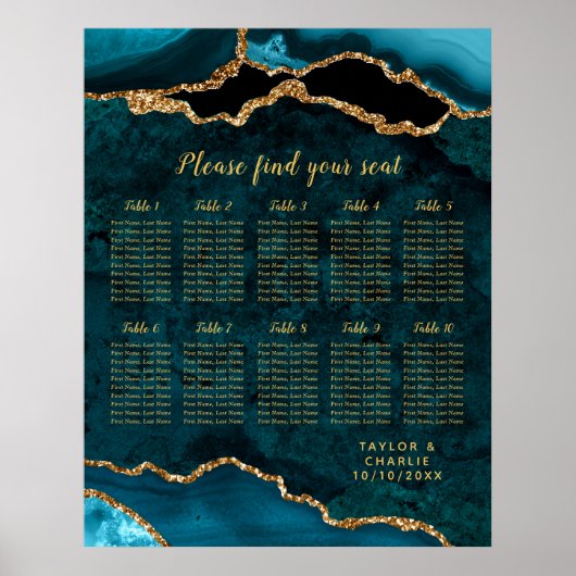 Teal Blue and Gold Agate Wedding Seating Chart Poster (Vorne)