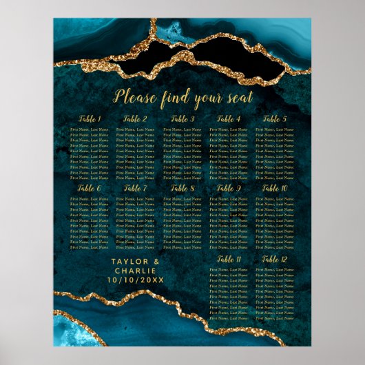 Teal Blue and Gold Agate Wedding Seating Chart Poster (Vorne)
