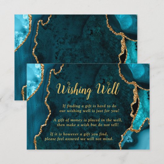 Teal Blue and Gold Agate Wedding Wishing Well Begleitkarte (Vorne/Hinten)