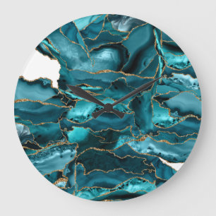 Teal Blue and Gold Glitter Agate Große Wanduhr