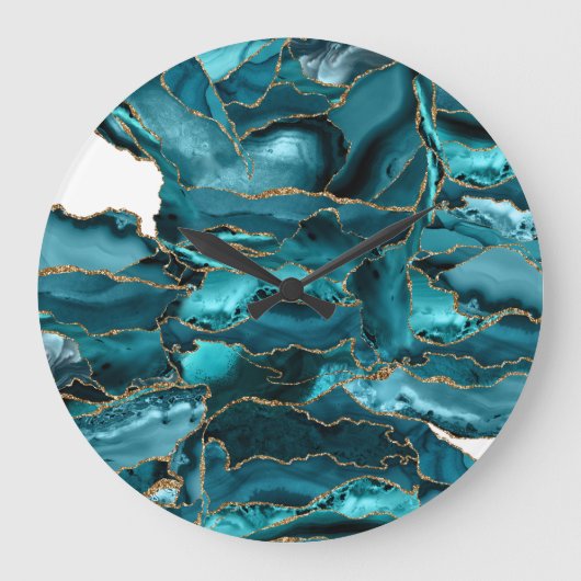 Teal Blue and Gold Glitter Agate Große Wanduhr (Vorderseite)
