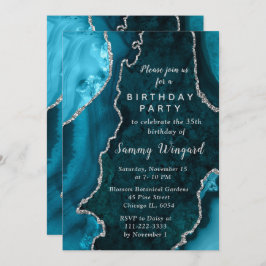 Teal Blue and Silver Agate Marble Birthday Party Einladung