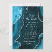 Teal Blue and Silver Agate Marble Save The Date Einladung (Vorderseite)