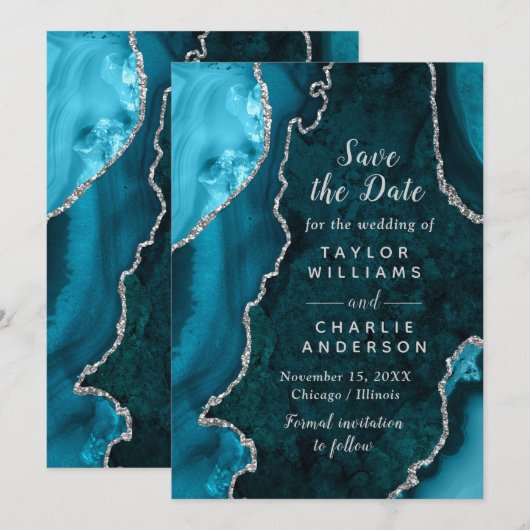 Teal Blue and Silver Agate Marble Save The Date Einladung (Vorne/Hinten)