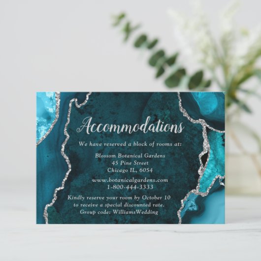 Teal Blue and Silver Agate Wedding Accommodations Begleitkarte (Stehend Vorderseite)