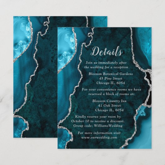 Teal Blue and Silver Agate Wedding Details Begleitkarte (Vorne/Hinten)