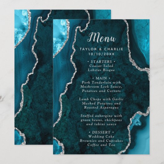 Teal Blue and Silver Agate Wedding Menu Menükarte (Vorne/Hinten)
