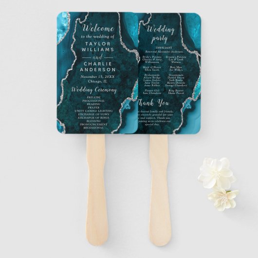 Teal Blue and Silver Agate Wedding Program Fächer (Vorne und Hinten)