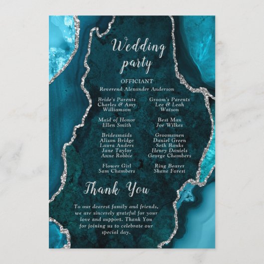 Teal Blue and Silver Agate Wedding Program Programm (Rückseite)