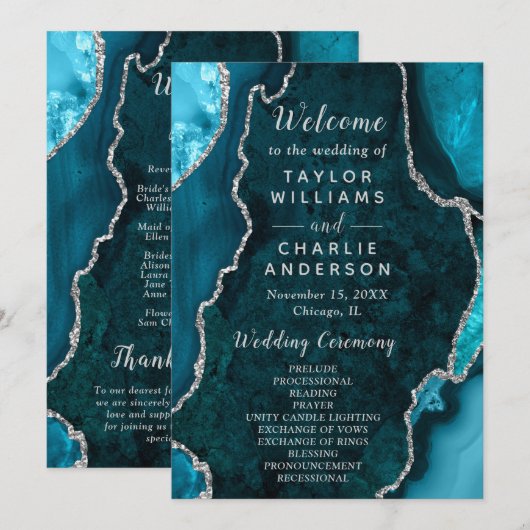 Teal Blue and Silver Agate Wedding Program Programm (Vorne/Hinten)