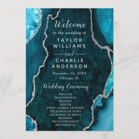 Teal Blue and Silver Agate Wedding Program Programm (Vorderseite)