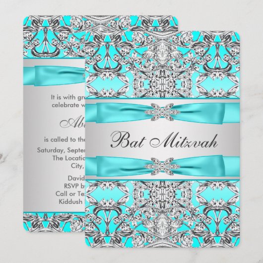 Teal Blue Bat Mitzvah Einladung (Vorne/Hinten)