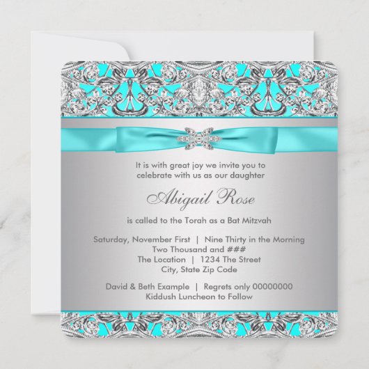Teal Blue Bat Mitzvah Einladung (Rückseite)
