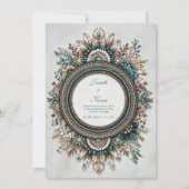 Teal Blue Brown Feather Floral Rustic Wedding Einladung (Vorderseite)
