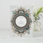 Teal Blue Brown Feather Floral Rustic Wedding Einladung (Stehend Vorderseite)