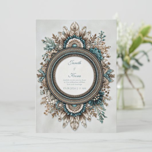 Teal Blue Brown Feather Floral Rustic Wedding Einladung (Stehend Vorderseite)