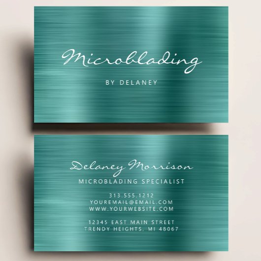 Teal Blue Brushed Metal Script Microblading Visitenkarte