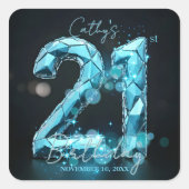 Teal Blue Crystal Glam Sparkle 21st Birthday Party Quadratischer Aufkleber (Vorderseite)