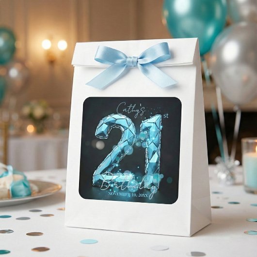 Teal Blue Crystal Glam Sparkle 21st Birthday Party Quadratischer Aufkleber