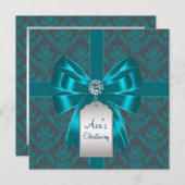 Teal Blue Damask Baby Baptism Christening Einladung (Vorne/Hinten)