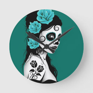 Teal Blue Day of the Dead Sugar Skull Girl Runde Wanduhr