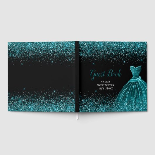 Teal Blue Dress Faux Glitter Sweet 16 Birthday Gästebuch (Voll)