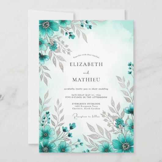 Teal Blue Exquisite Spring Wedding Einladung (Vorderseite)