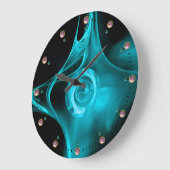TEAL BLUE FRACTAL ROSE IN BLACK,  PINK GEMSTONES GROßE WANDUHR (Winkel)