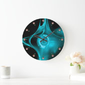 TEAL BLUE FRACTAL ROSE IN BLACK,  PINK GEMSTONES GROßE WANDUHR (Zuhause)