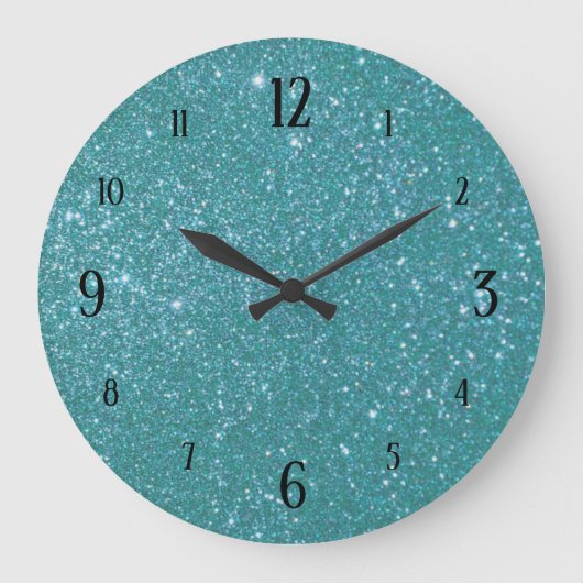 Teal Blue Glitter Glam with Black Numbers Große Wanduhr (Vorderseite)