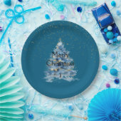 Teal Blue Gold Confetti Dots Christmas Tree Pappteller (Party)