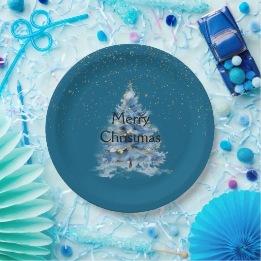Teal Blue Gold Confetti Dots Christmas Tree Pappteller (Party)
