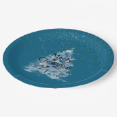 Teal Blue Gold Confetti Dots Christmas Tree Pappteller (Schrägansicht)