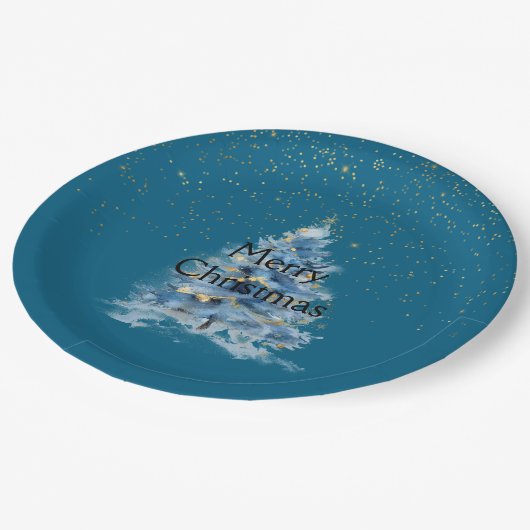 Teal Blue Gold Confetti Dots Christmas Tree Pappteller (Schrägansicht)