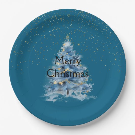 Teal Blue Gold Confetti Dots Christmas Tree Pappteller (Vorderseite)