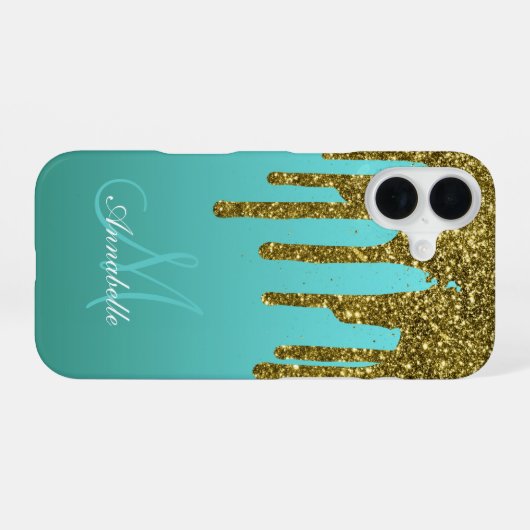 Teal Blue Green - Gold Glitter Drips Personalized iPhone 16 Hülle (Rückseite (Horizontal))