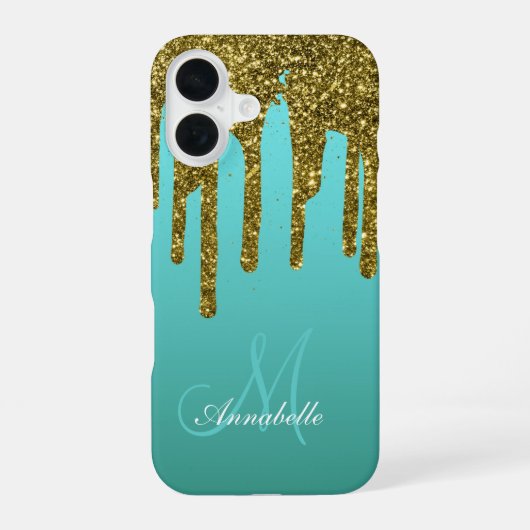 Teal Blue Green - Gold Glitter Drips Personalized iPhone 16 Hülle (Rückseite)