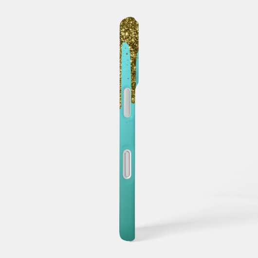 Teal Blue Green - Gold Glitter Drips Personalized iPhone 16 Hülle (Rechte Seite)