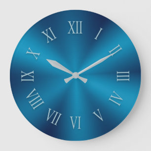 Teal Blue Metallic Clock and Pattern Roman Numbers Große Wanduhr