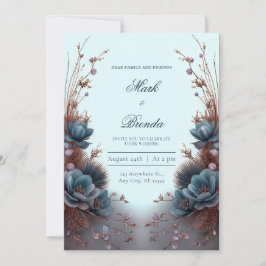 Teal Blue Modern Symmetrical Botanical Wedding Einladung