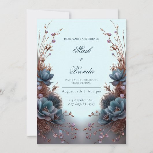 Teal Blue Modern Symmetrical Botanical Wedding Einladung (Vorderseite)