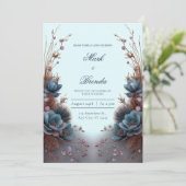 Teal Blue Modern Symmetrical Botanical Wedding Einladung (Stehend Vorderseite)