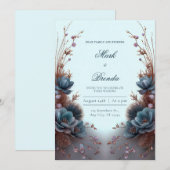 Teal Blue Modern Symmetrical Botanical Wedding Einladung (Vorne/Hinten)