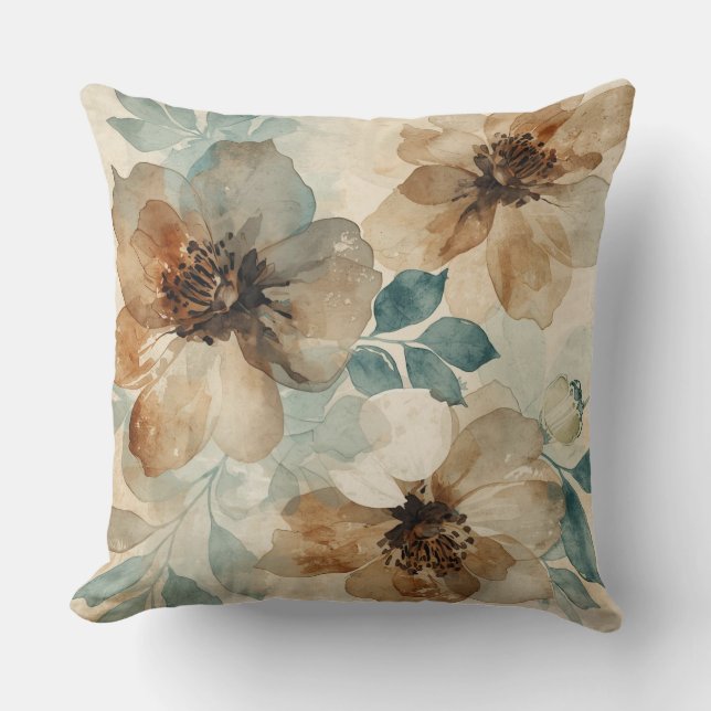 Teal Blue Rust Cream Modern Farmhouse Floral Kissen (Vorderseite)