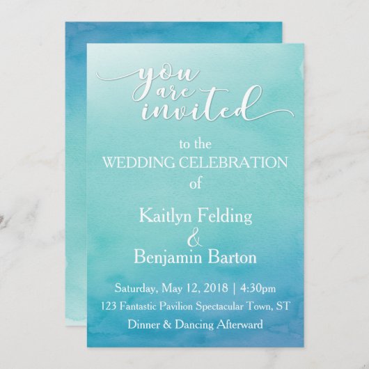 Teal & Blue Schatten Watercolor Wedding Einladung (Vorne/Hinten)